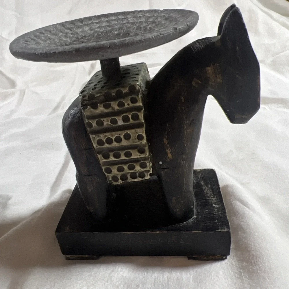 Vintage Carved‎ Wood Horse & Elephant Candle Holders Set Brass Accents Folk Art